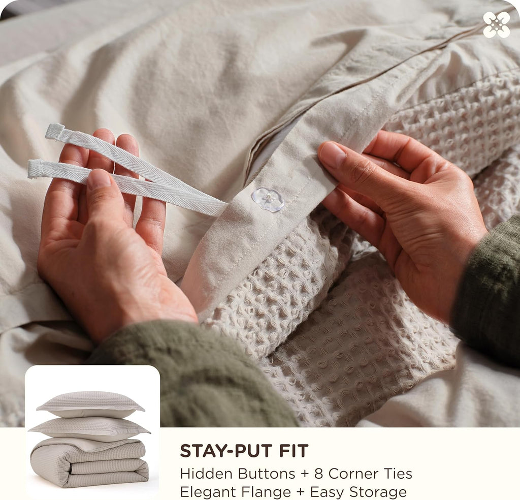 Cotton Duvet Cover King - 100% Cotton Waffle Weave Linen Color Duvet Cover, PureWoven Breathable King Bedding Set for All Season, 3 Pieces, 104"x90"