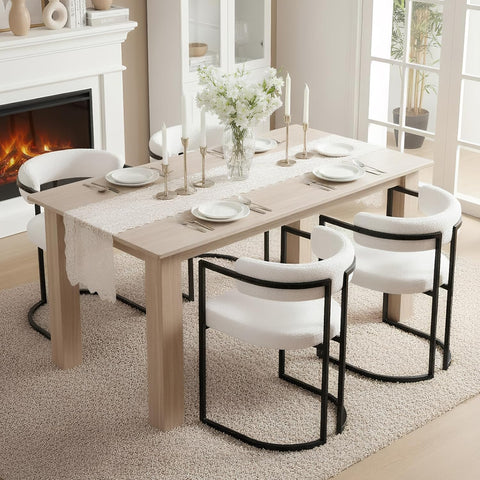 White Sherpa Dining Chairs Set of 4, Modern Boucle Barrel Dining Chairs with Comfy Back