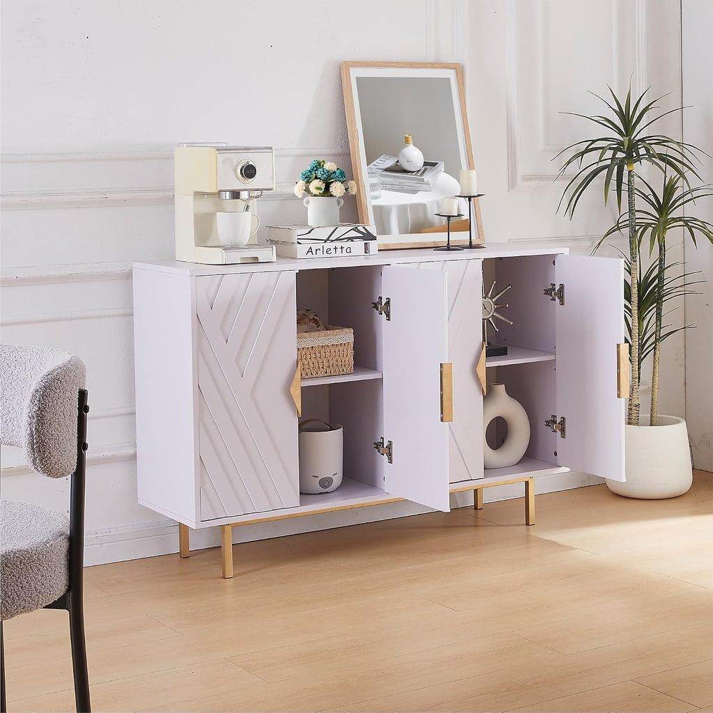 Sideboard Buffet Cabinets with Storage, Accent Storage Cabinets with Fluted Doors, Gold Metal Handle and Legs, Wood