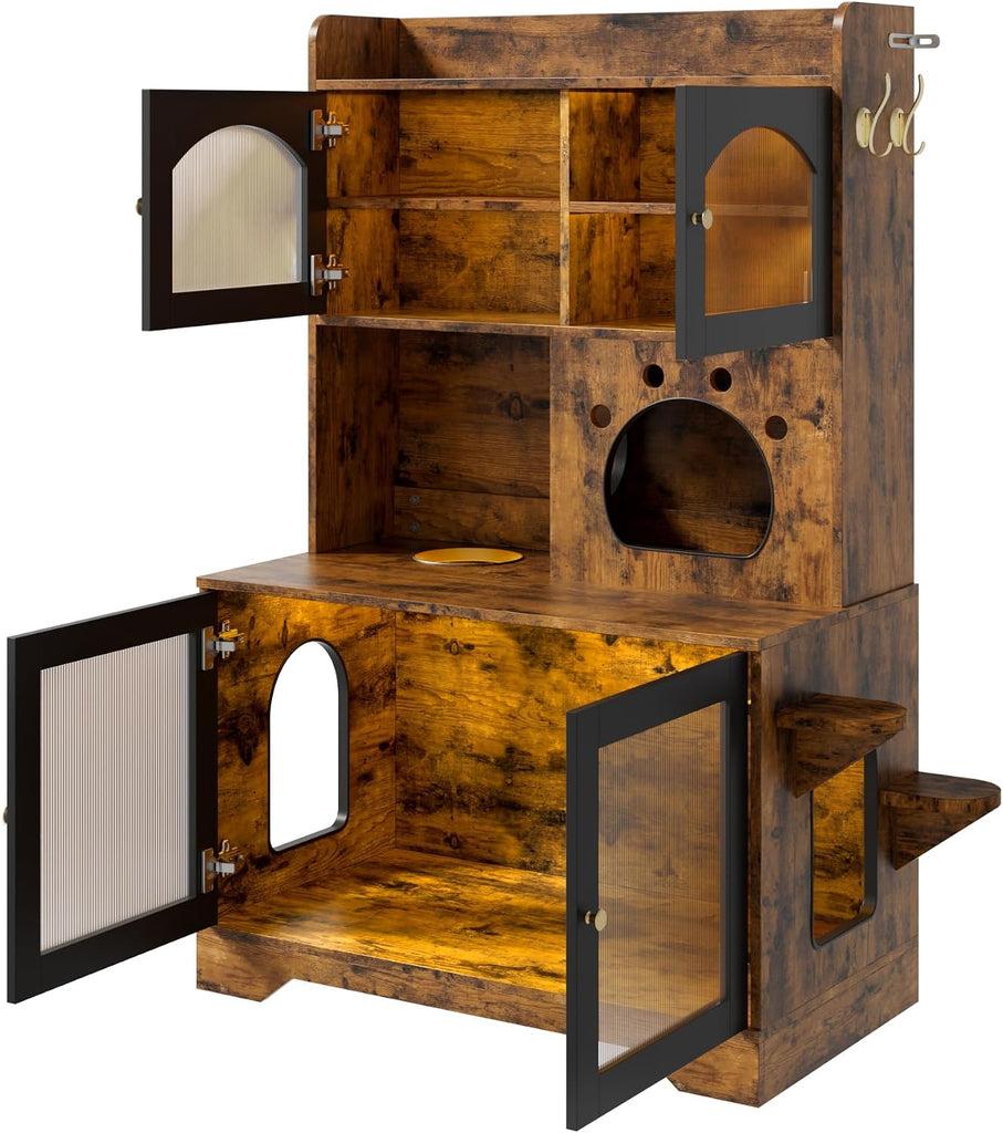 Cat Litter Box Enclosure, Storage Cabinet & Cat Tree, Black and Brown