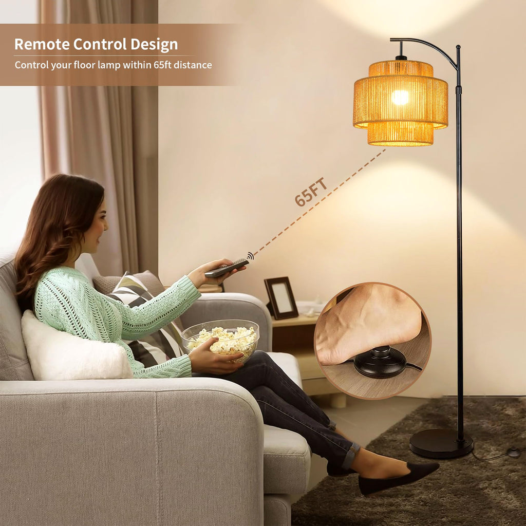 Rattan Floor Lamp Bedroom Boho Arc Standing Lamp with Remote Dimmable Black Farmhouse Wicker Bamboo Lamp Shade Floor