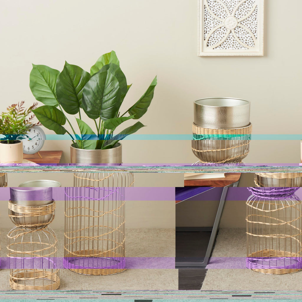 Metal Indoor Planter Textured Dome Large Planter Pot with Woven Rattan and Caged Rod Pedestal Base, Set of 3 Planters