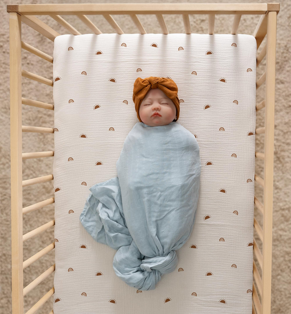 Muslin Fitted Crib Sheet, 100% Cotton, 28"x52", Sun Rainbow