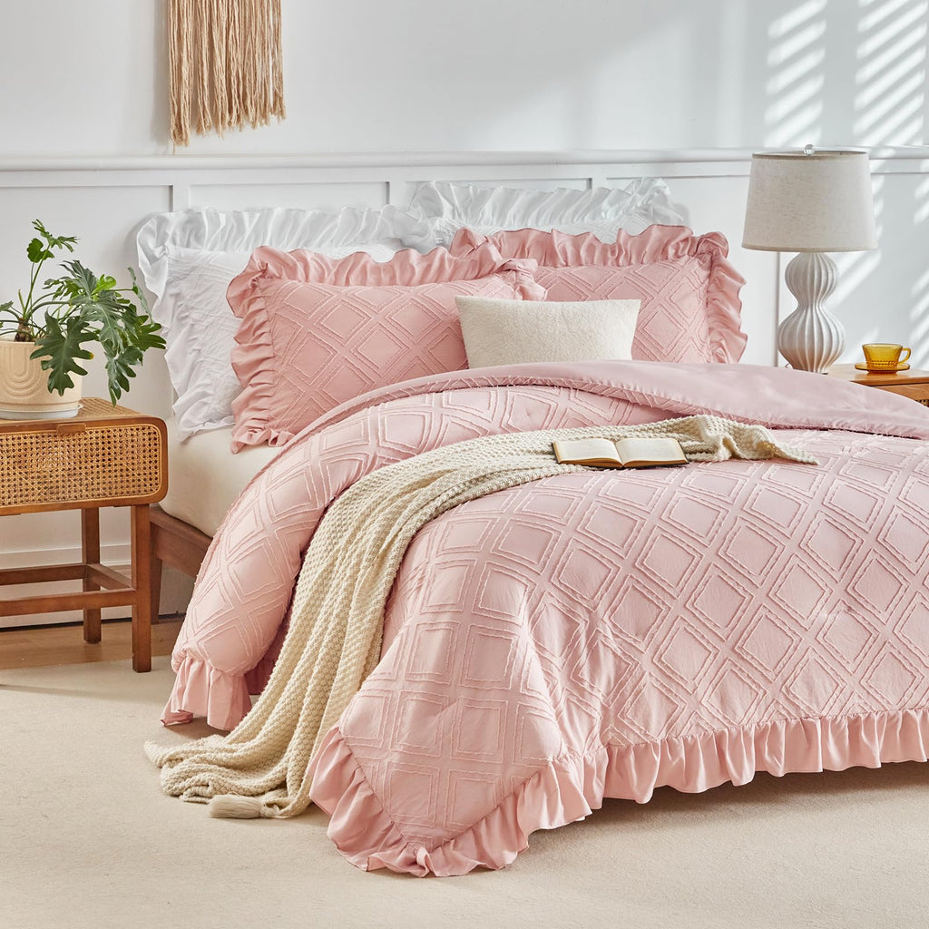 Tufted Ruffle Comforter Set Full/Queen Size, 3 Piece Blush Pink Ruffled Farmhouse Comforters, Luxury Solid Color Soft