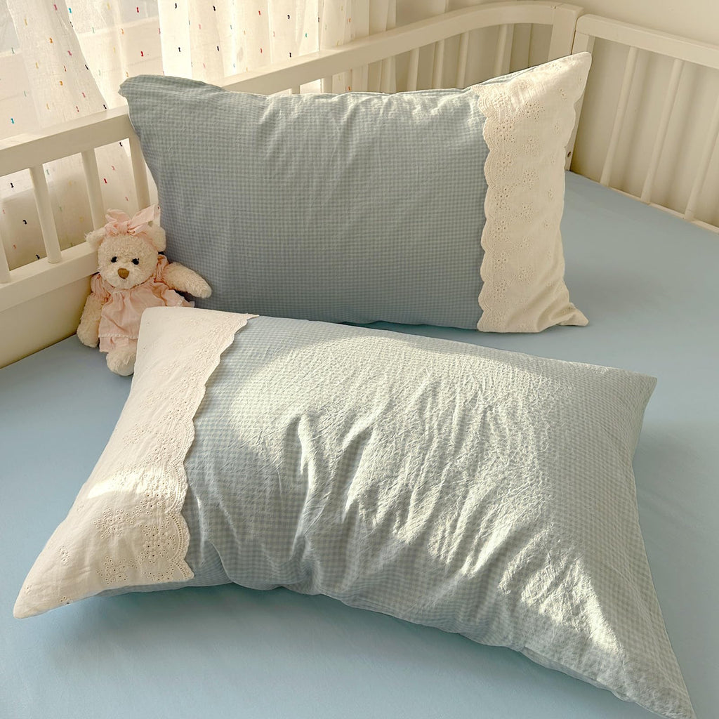 Lace Comforter Set Blue Plaid Gingham Comforter with 2 Romantic Lace Pillowcases Soft Cozy Grid Bedding Set