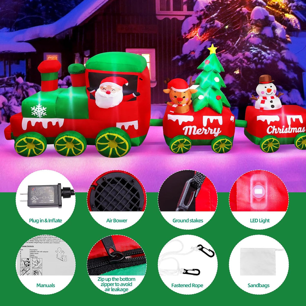 10.7 FT Christmas Inflatables Train with Santa Claus Reindeer Snowman Christmas Tress Built-in LED Lights Blow Up