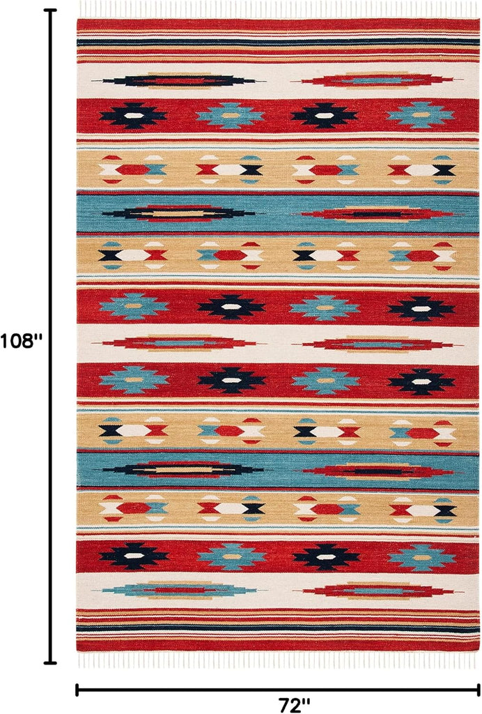 Kilim Collection Area Rug, Beige & Red, Handmade Flat Weave Wool, Ideal for High Traffic Areas (KLM712A)
