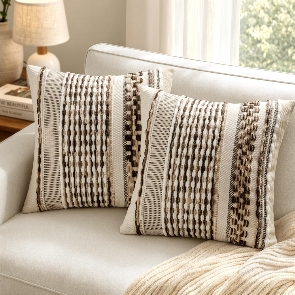 Boho Decorative Pillow Covers Dark Brown Stripe 20x20 Pack of 2