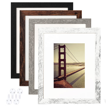8x10 Picture Frame Distressed Farmhouse Wood Pattern Set of 4, Display 5x7 with Mat or 8x10 Without Mat, Multicolour