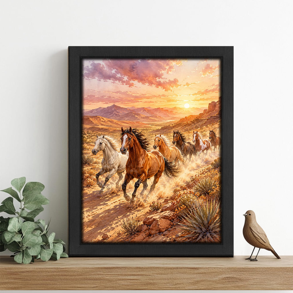 Running Horses Decor Wall Art, Western Sunset Landscape Picture 16"x20"