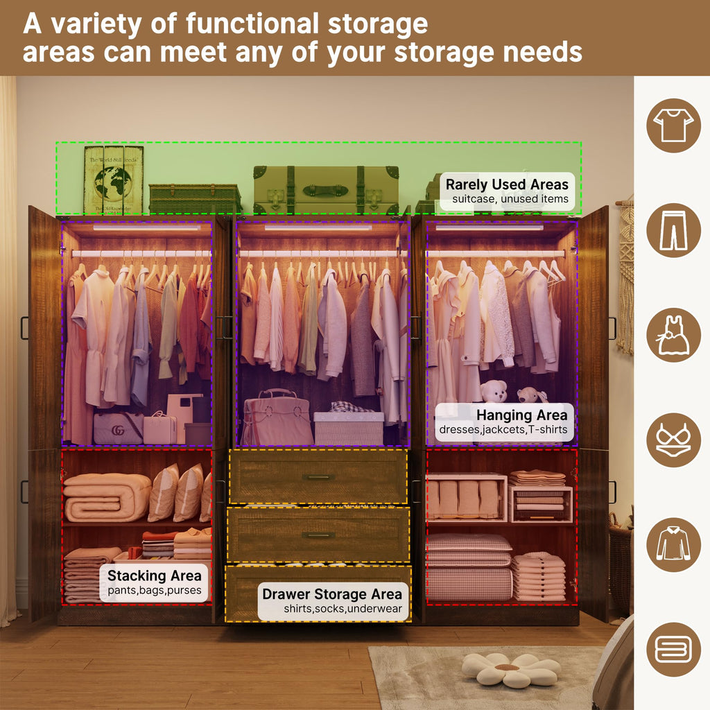 75" Tall Farmhouse 6 Doors Armoire Wardrobe Closet with 3 Drawers and LED, Freestanding Closet Wardrobe Cabinet with