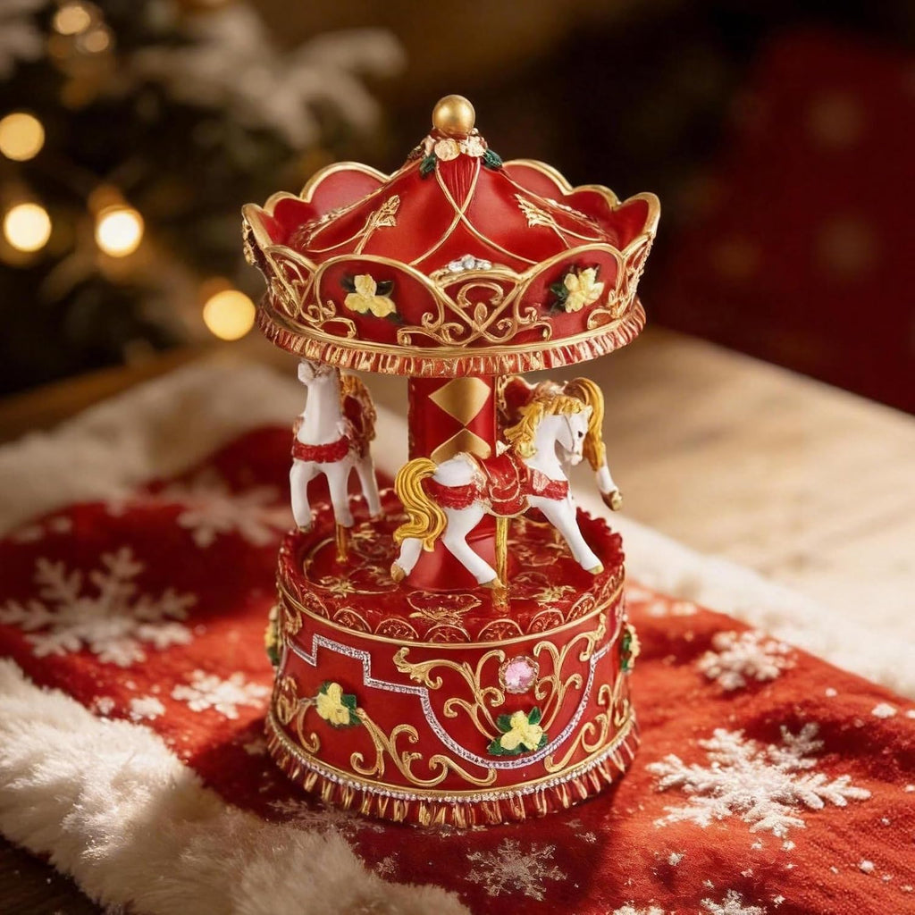 Christmas Carousel Music Box with Lights, Rotating Wind-Up Merry-Go-Round Horse Figurine, Hand-Painted Red and Gold