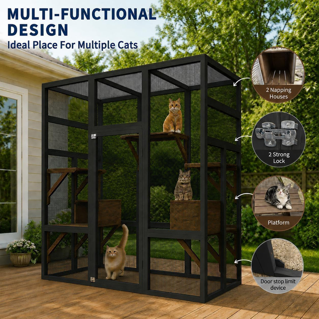 70" Walk-in Wooden Catio, Outdoor Cat Enclosure with Window Access, Black