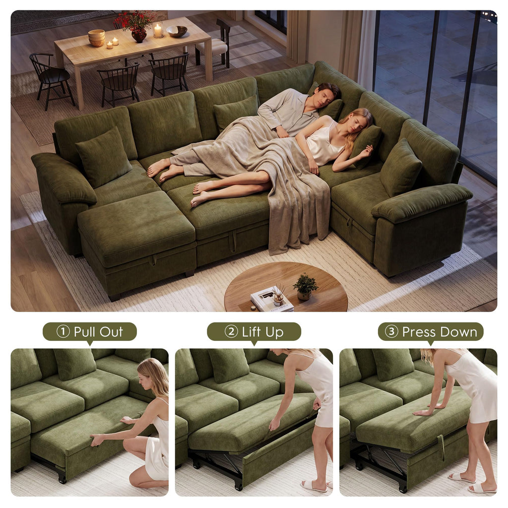 108" Modular Sectional Sofa with Pull Out Bed, 7-Seater L Shaped Sectional Sleeper Couch with Storage, Chenille