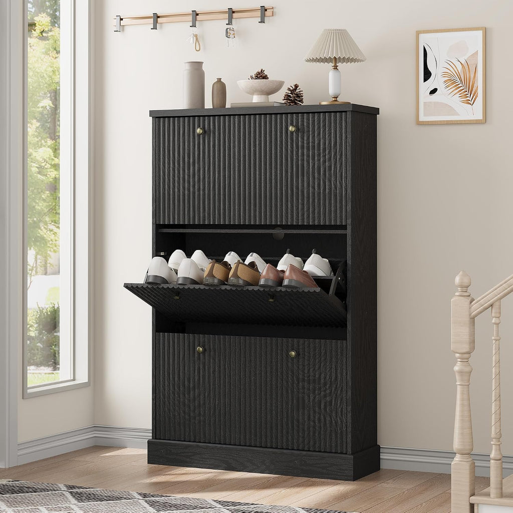 Fluted Shoe Cabinet Storage with 3 Flip Drawers, Wooden Fluted Narrow Shoe Organizer with Adjustable and Removable