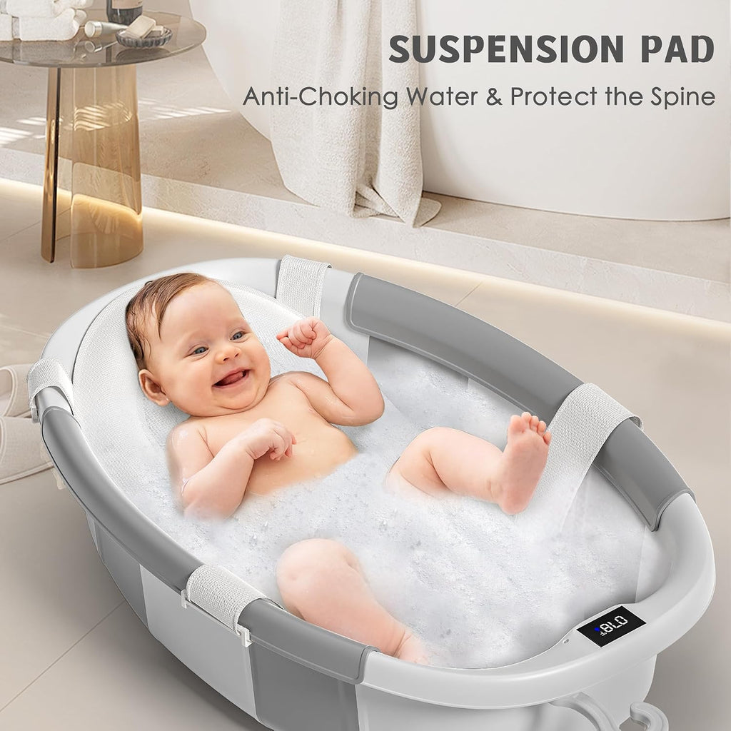 Collapsible Baby Bathtub for Newborn to Toddler 0-36 Months, Spacious Foldable Infant Bath Tub with Thermometer