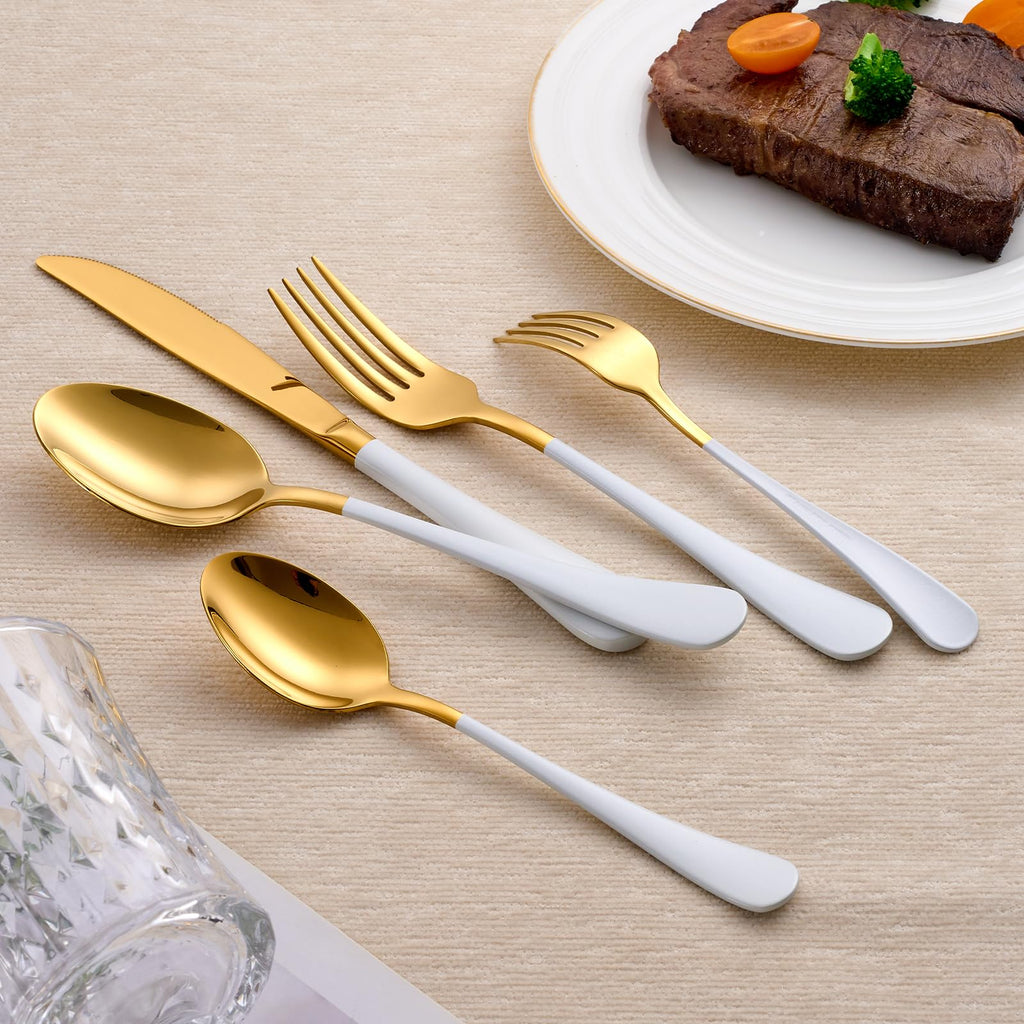 20-Piece White and Gold Silverware Set 18/0 Stainless Steel Silverware Set White Handle Cutlery Set Service for 4