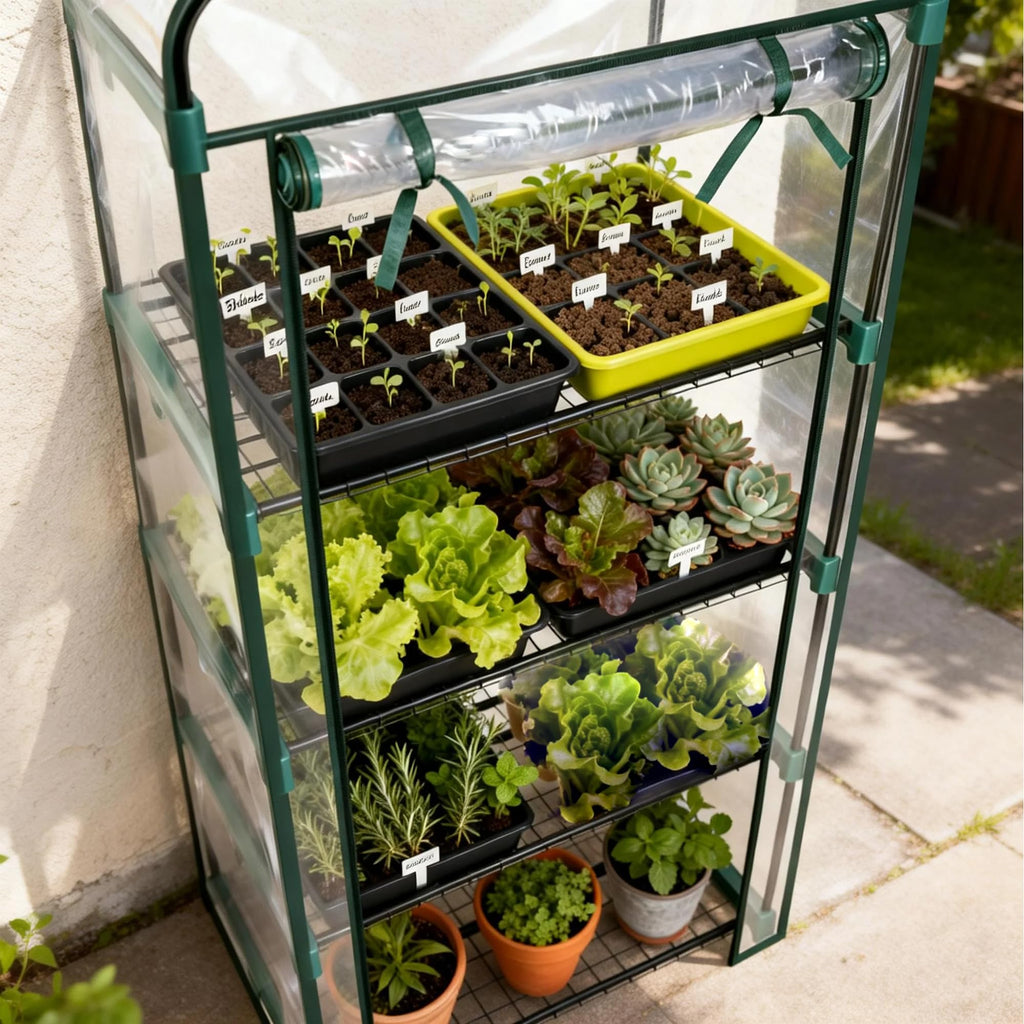 4 Tier Mini Greenhouse - 63'' H x 27'' L x 19'' W - Sturdy Portable Gardening Shelves with PVC Cover - Small Green