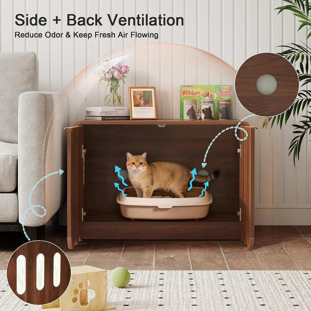 Cat Litter Box Enclosure Furniture, Hidden Cat Litter Box Cabinet with Scalloped Doors, Modern Cat House with Gold