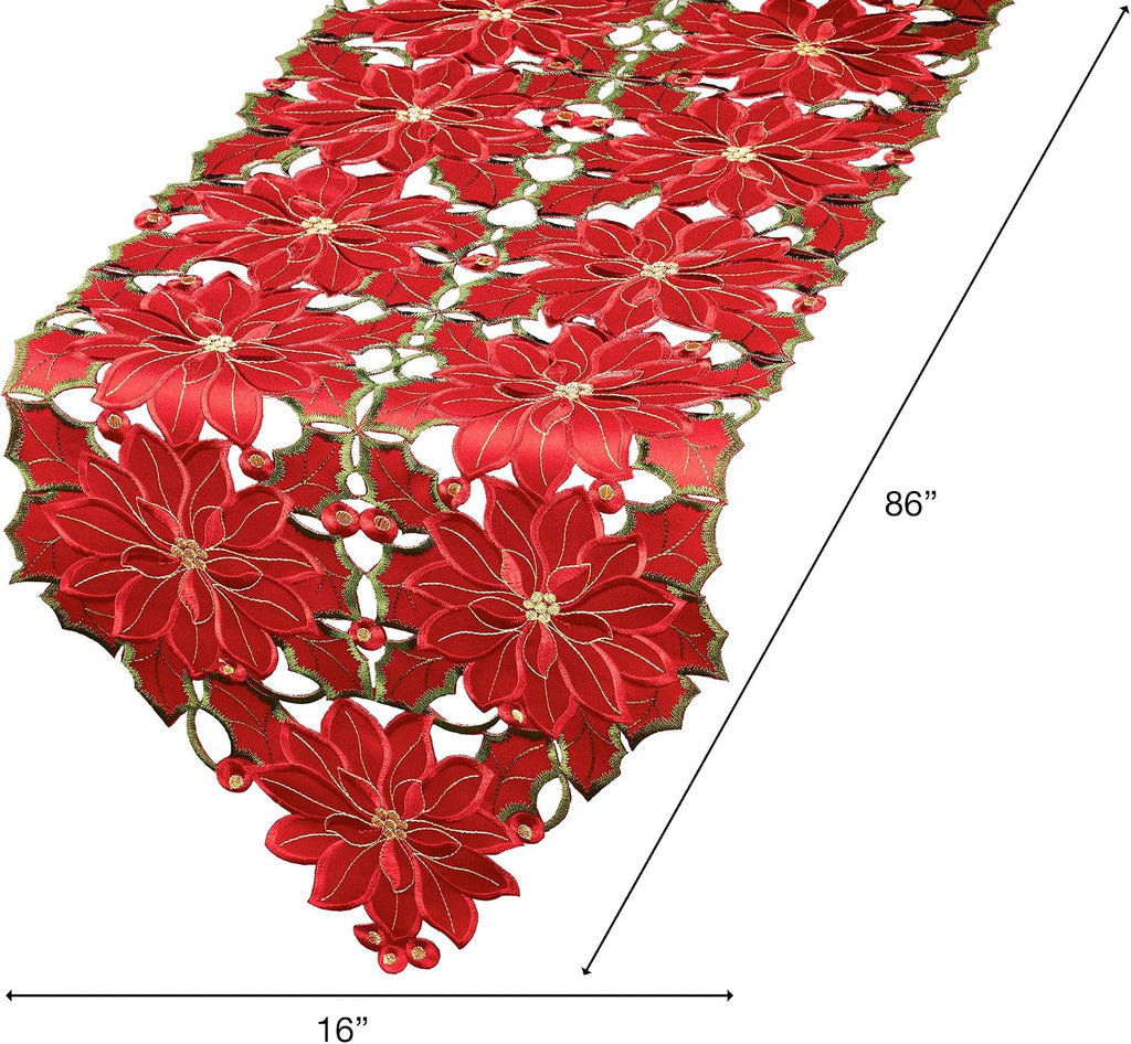Christmas Poinsettia Luxury Holiday Table Runner, 16x86