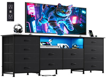 LED Fabric Dresser TV Stand for 75 Inch TV, 12 Drawers, Black Dresser