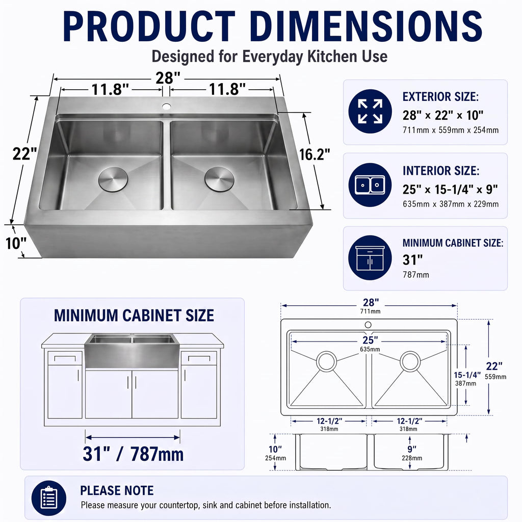 28 Inch Farmhouse Workstation Double Bowl Kitchen Sink
