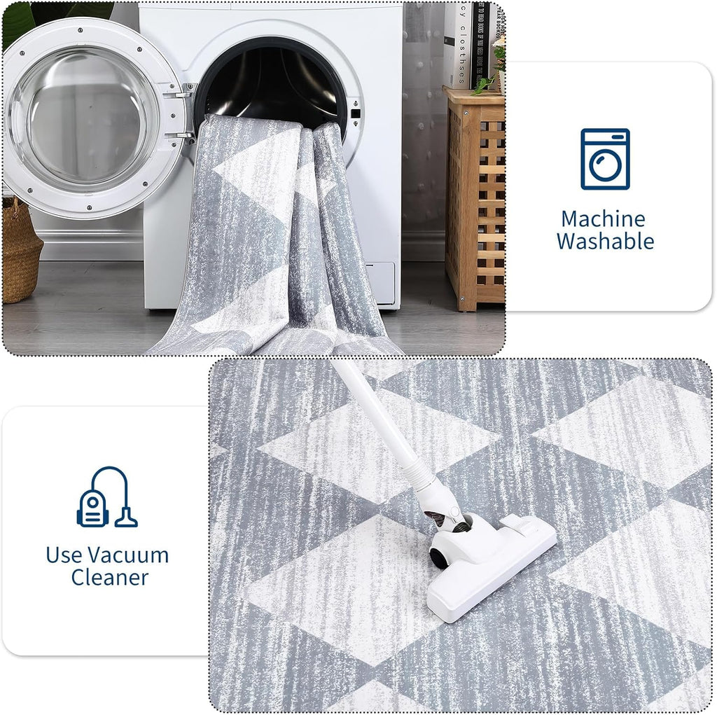 Washable Area Rug, Geometric Checkered Carpet, Neutral Soft Nursery Area Rug, Non Slip Stain Resistant