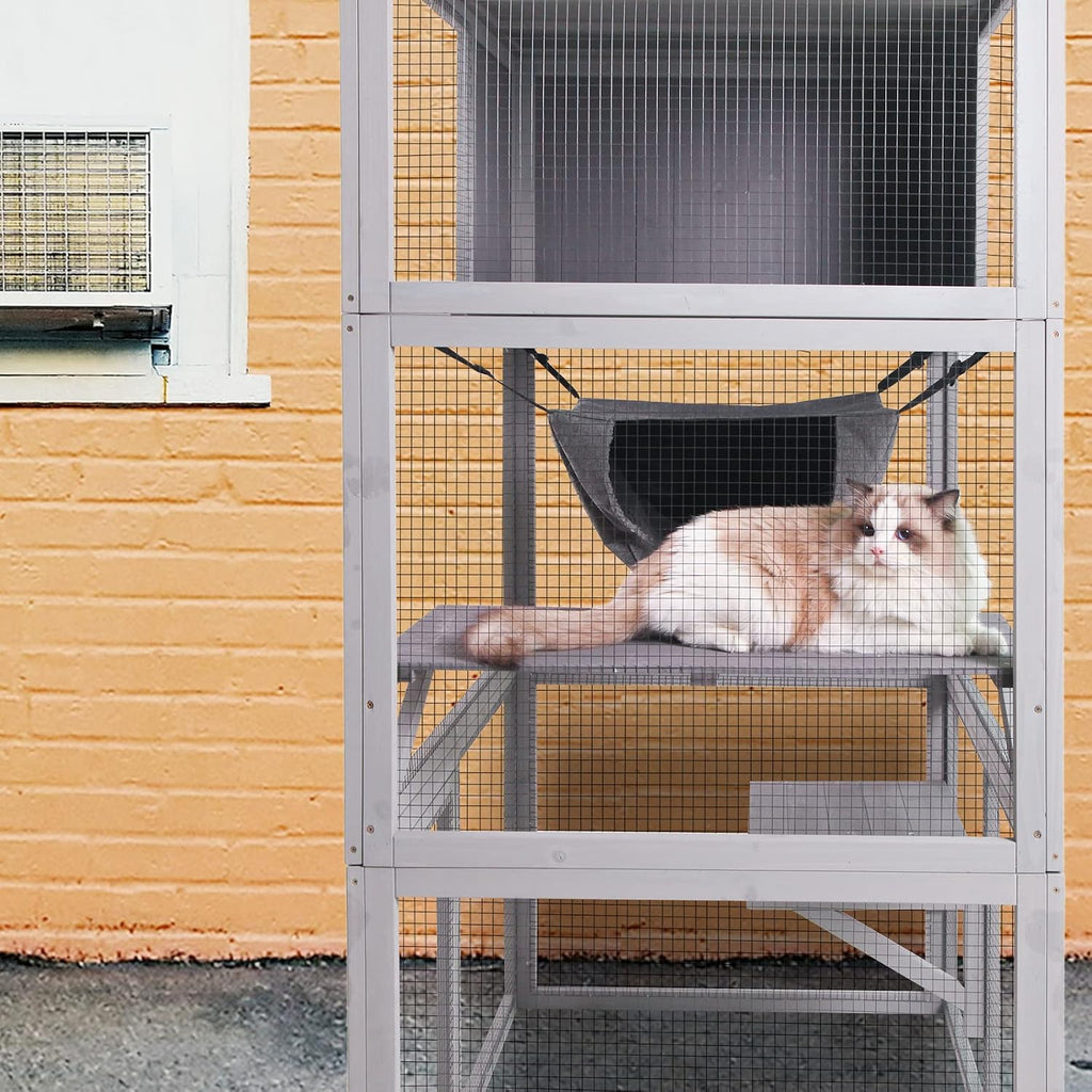 Catio Wooden Outdoor Cat Enclosure with Asphalt Roof, 3 Floors Cat House, Indoor Large Kitten playpen with Hammock &