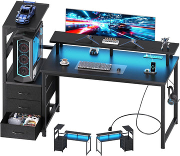 52" Reversible Gaming Desk with LED Lights Power Outlets, Black | Computer Desk with Drawers Can be Used to Store