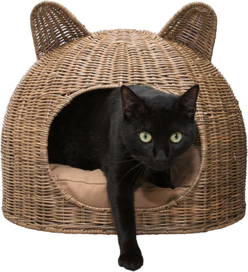Cat Ear 20" x 14.5" Coastal Handwoven Rattan Cat Bed with Machine-Washable Cushion, Natural
