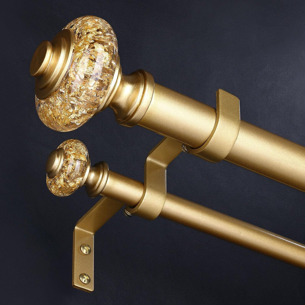 Gold Double Curtain Rod, 1 Inch Adjustable Decorative Crystal Dual Curtain Rod, Heavy Duty Vintage