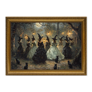Halloween Vintage Witch in Forest Canvas Wall Art with Black Cats 16x24 in