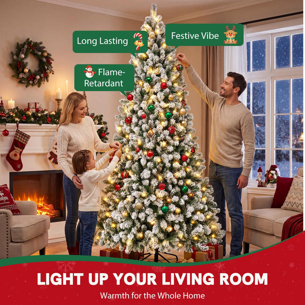 9 Ft Prelit Snow Flocked Artificial Christmas Tree with Lights