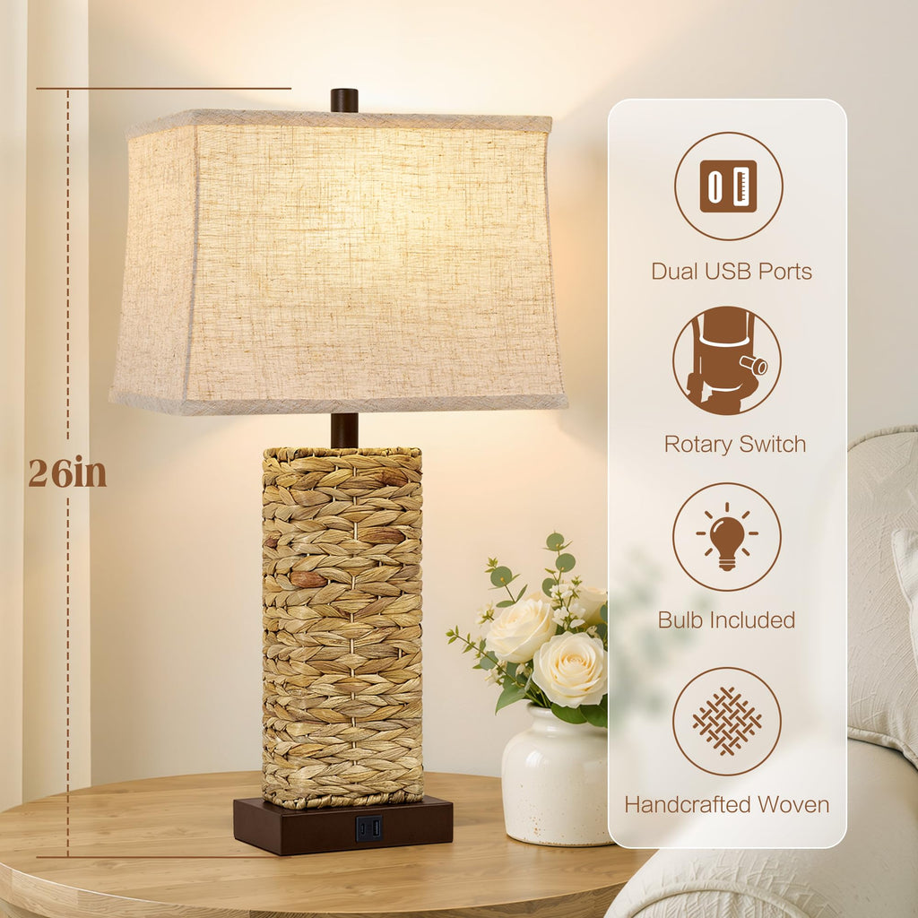 Rattan Table Lamps Set of 2, Bedside Lamps Nightstand
