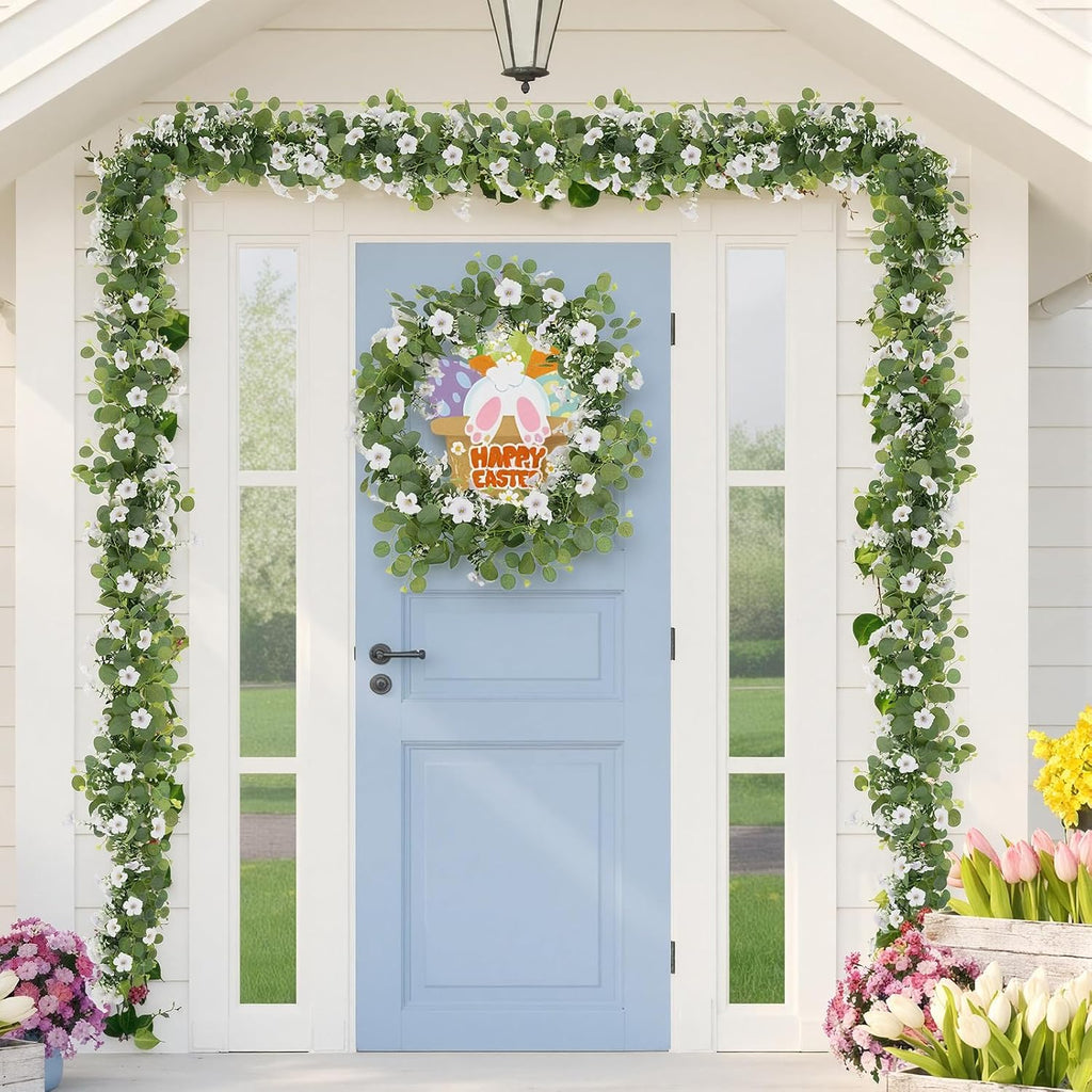 Artificial Eucalyptus Garland with Morning Glory Flowers, 2 Pack Faux Eucalyptus Leaves Greenery Garland Hanging - Set of 2