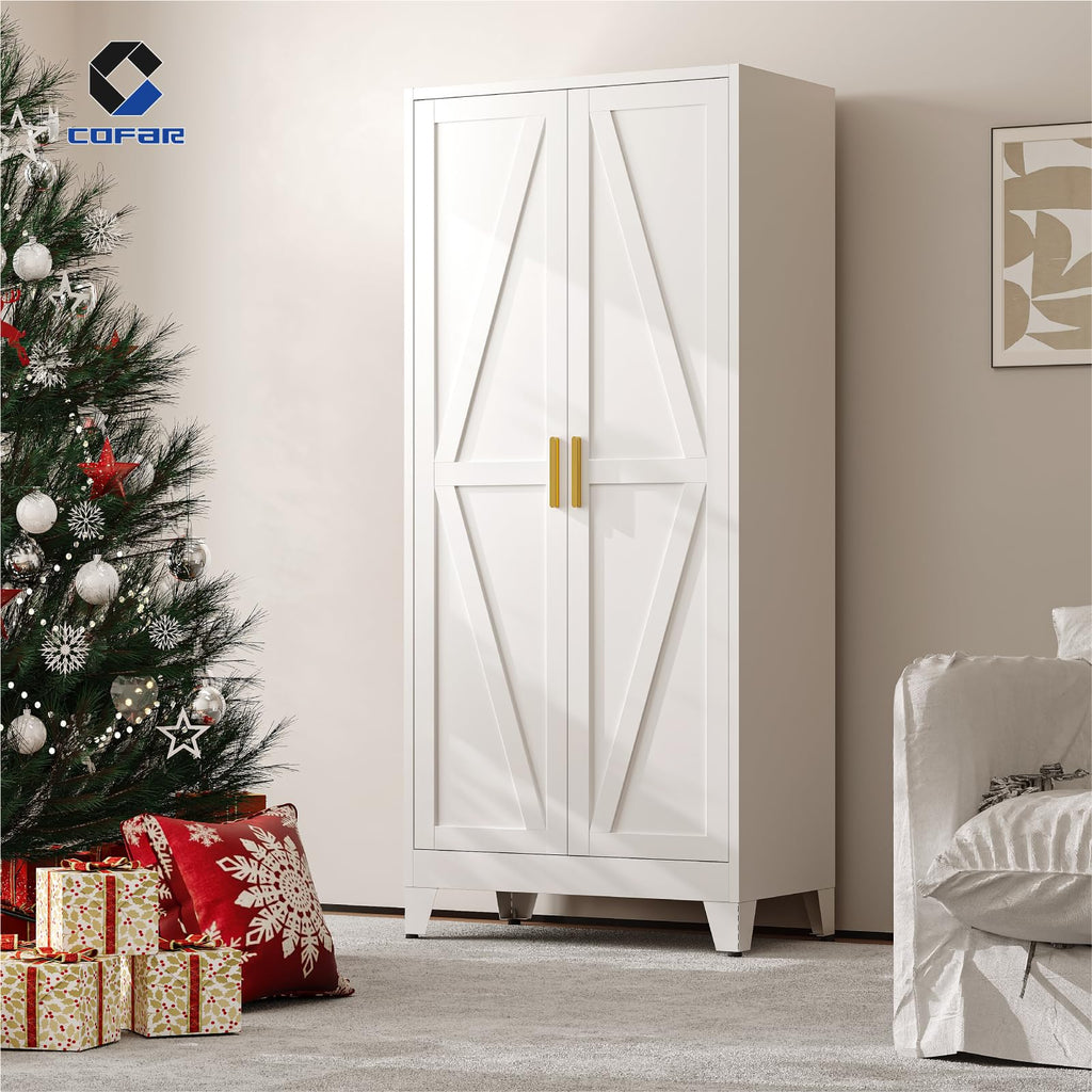 Metal Wardrobe Closet with Doors, 71'' Tall Steel Bedroom Armoire with Adjustable Hanging Rod and Shelves, Broom