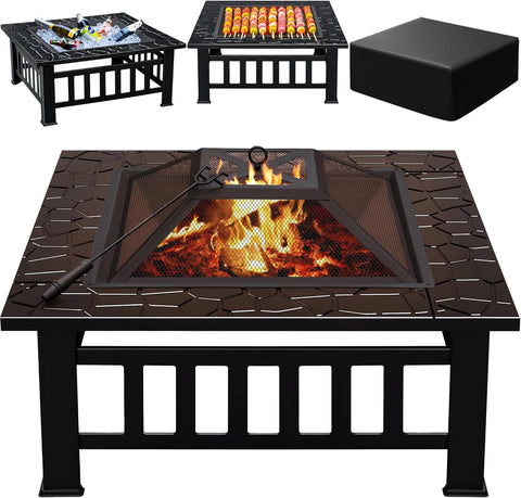 Multifunctional Patio Fire Pit Table, 32in Square Metal BBQ Firepit Stove Backyard Garden Fireplace with Spark Screen Lid and Rain Cover for Camping