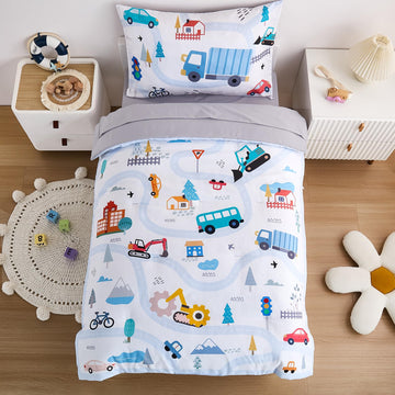 4-Piece Cars Toddler Bedding Set for Boys Girls- Soft & Skin Friendly Toddler Bed Set Includes Toddler Comforter