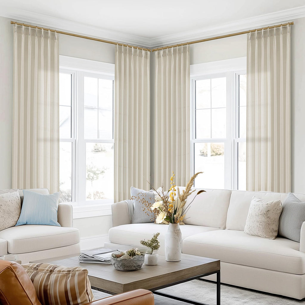 102 Inch Long Oatmeal Pinch Pleated Linen Curtains, Lightweight Semi Sheer Natural Fabric Fiber Color Floor to