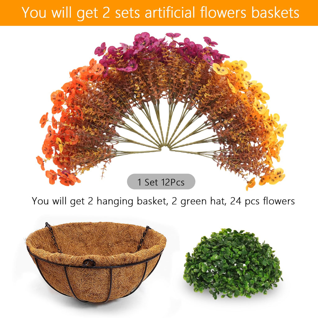 2 Set Artificial Fall Hanging Flower Baskets for Outdoor Autumn Decor