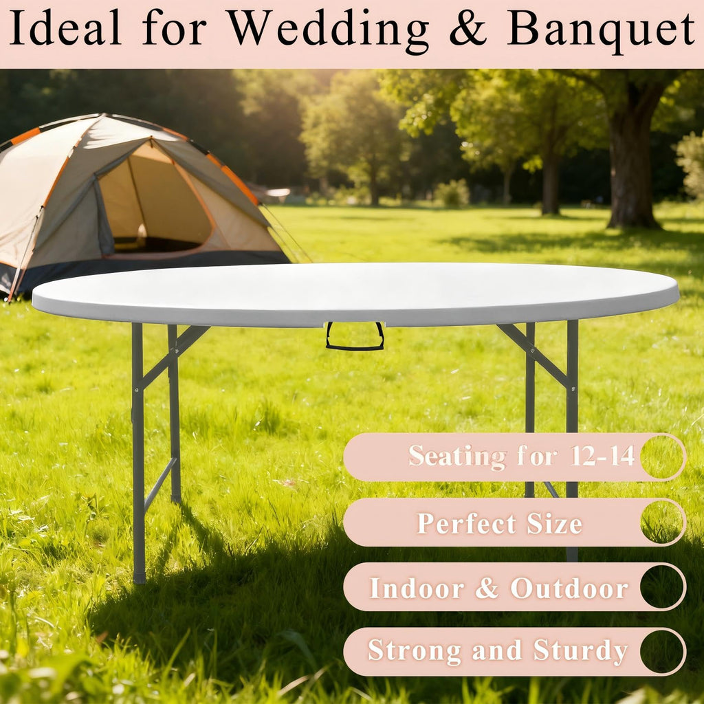 6 FT Round Folding Tables with Carrying Handle 72 inch Heavy Duty Portable Plastic Commercial Table Steel Legs for