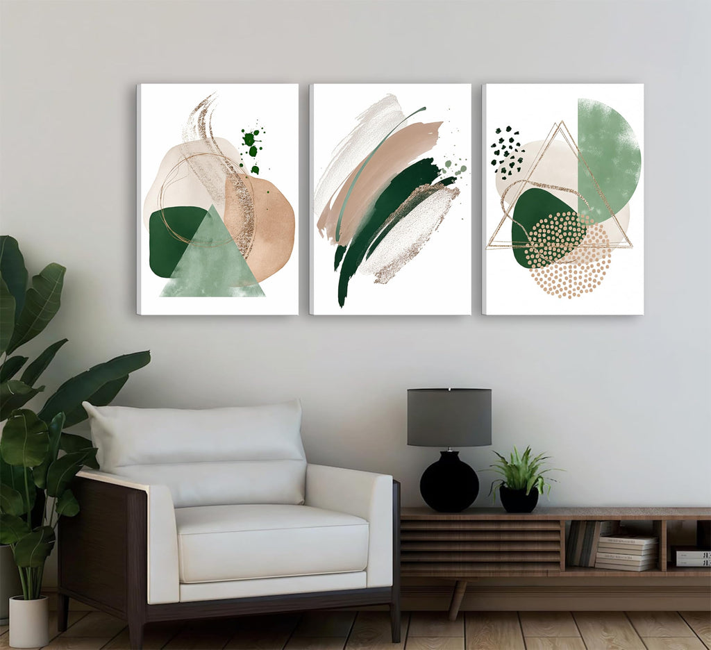 3Pcs Framed Sage Green Minimalist Geometric Abstract Wall Art
