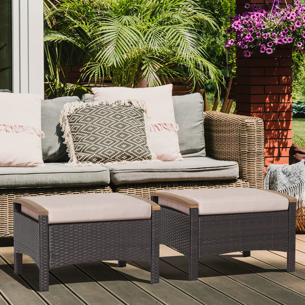 Outdoor Wicker Ottomans - 2 Pieces PE Rattan Ottoman, Footrest Seat with Zippered Cushions, Acacia Wood Handles