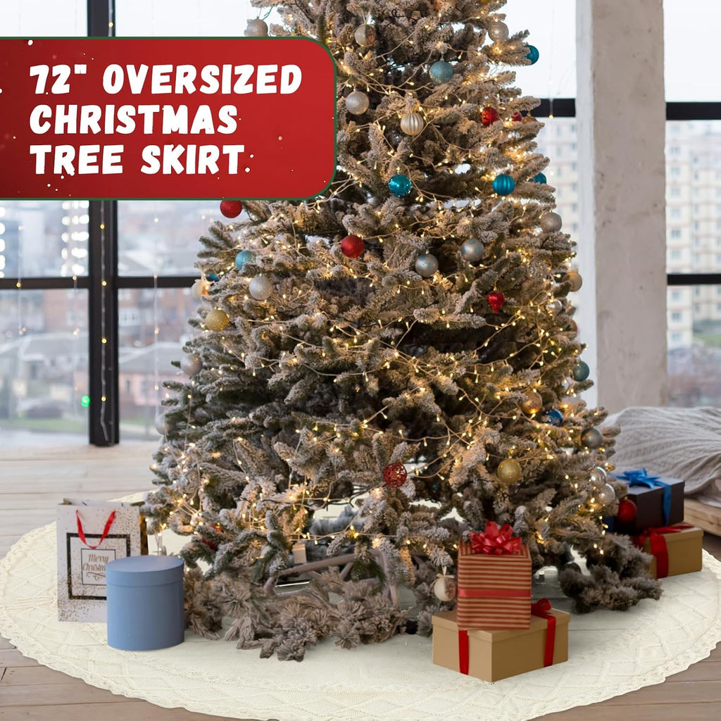 72 Inch Large White Knit Christmas Tree Skirt Xmas Tree Skirt Mat