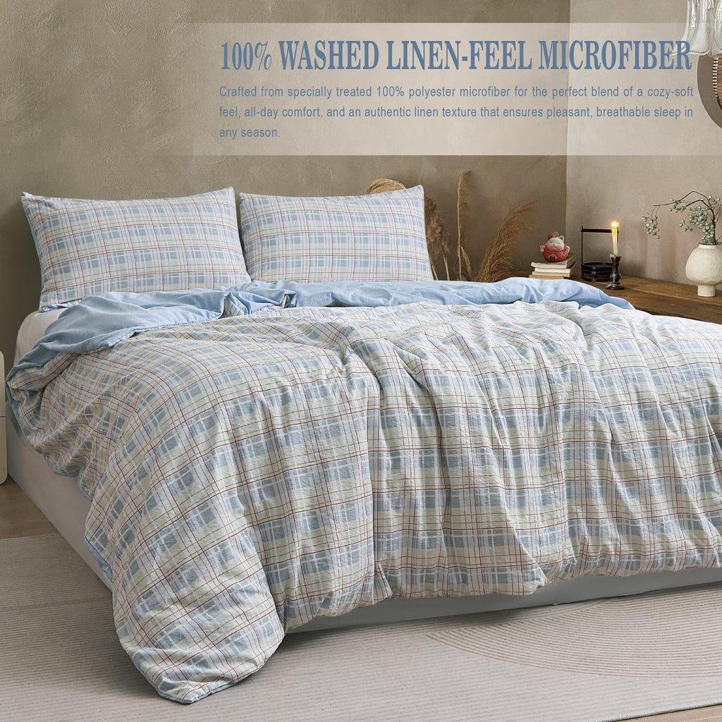 Vintage Reversible Plaid Duvet Cover Set, 100% Washed Microfiber Linen-Feel 3-Piece Bedding, Elegant Printed Check