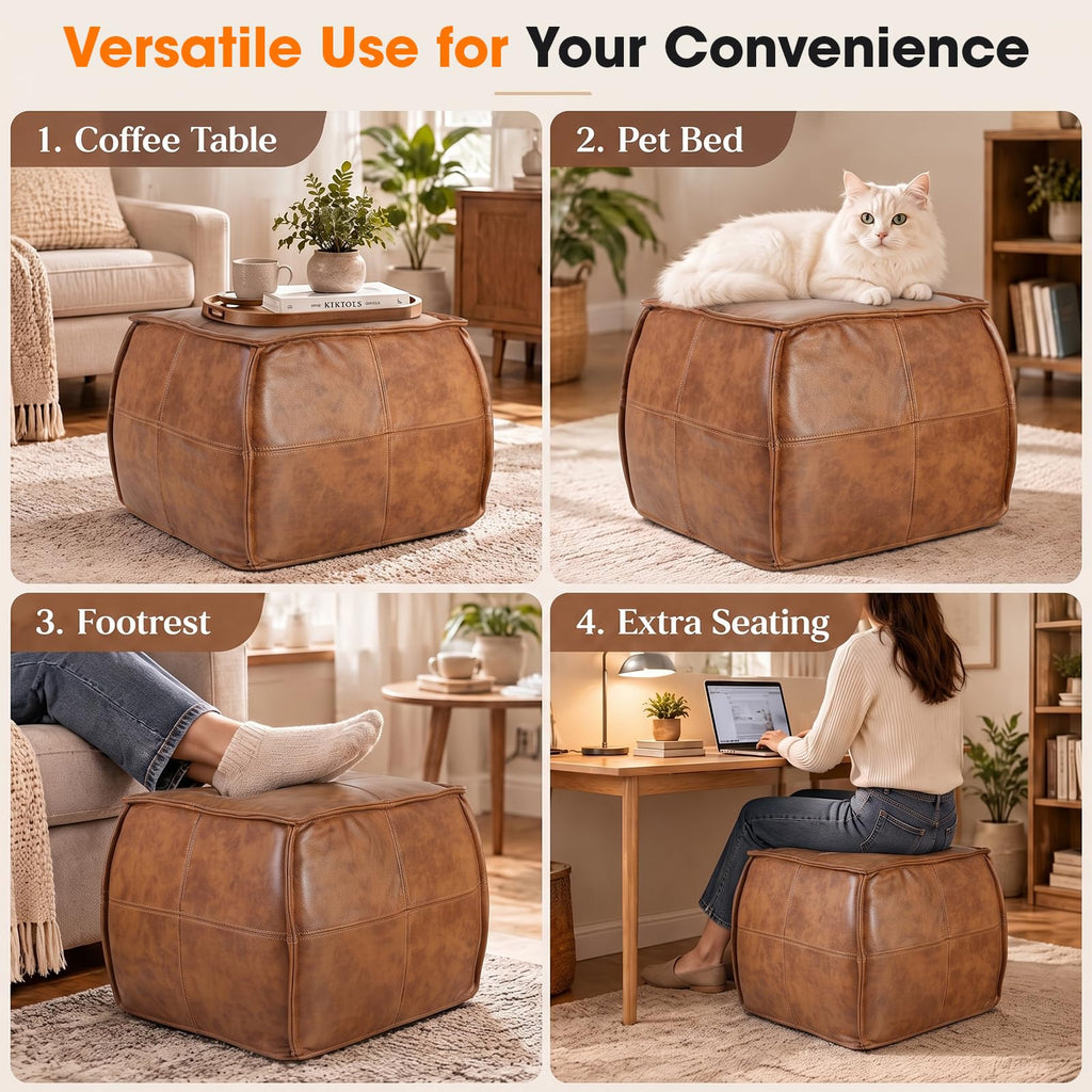 Genuine Leather Square Ottoman, Pouf (Brown, Square)