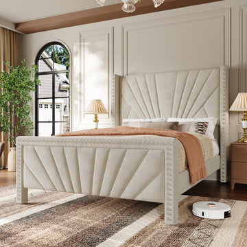 King Bed Frame 55" Velvet Upholstered Platform Bed, Art Deco, Cream White