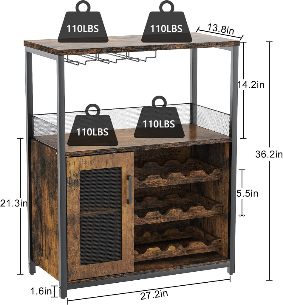 Wine Bar Cabinet with Detachable Wine Rack and Storage Space | 3-Tier Buffet Cabinet with Glass Holder and Mesh Door