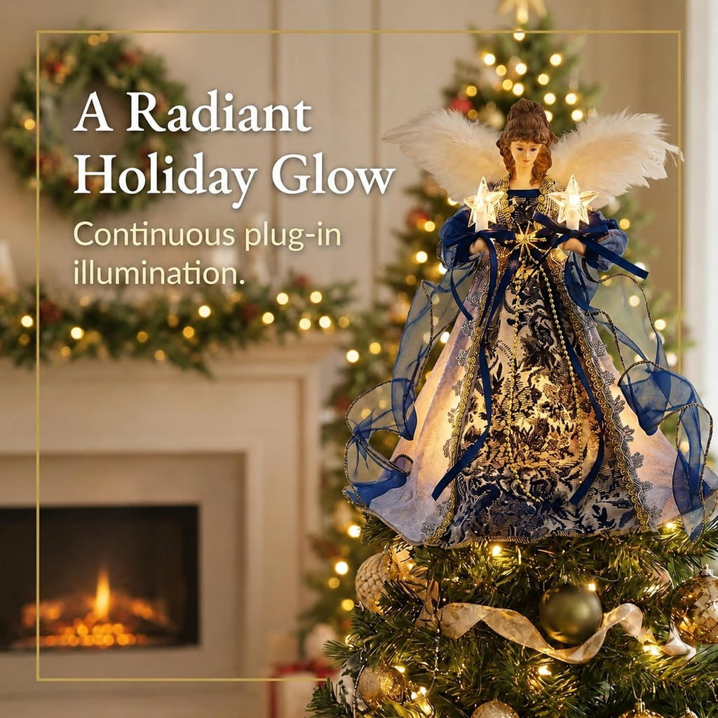 Elegant Blue & Gold Light-Up Angel Tree Topper