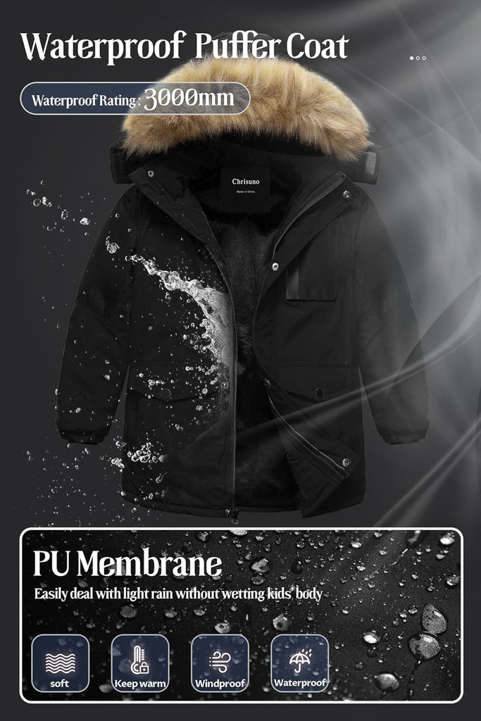 Boy's Med-length Parka Winter Coat Waterproof Outwear Ski Snow Jackets Thick Padded Insulated Windbreaker